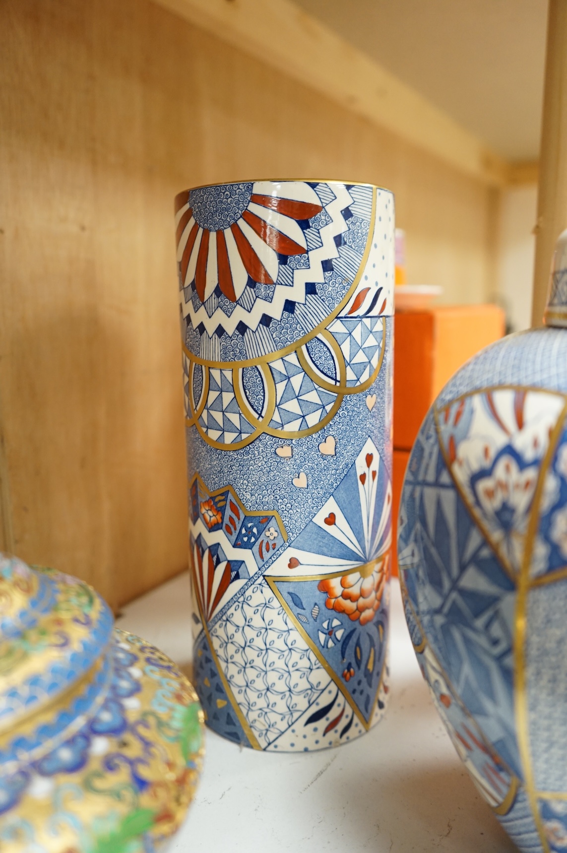 Sundry porcelain and objects to include a pair of Chinese cloisonné enamel bowls and covers, pottery twin handled printed cup and Masons vase, largest 26cm high